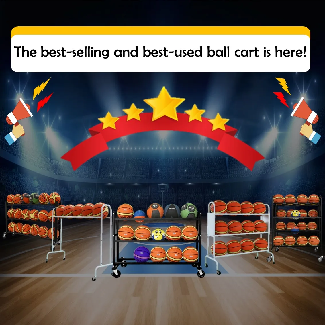 Basketball rack ball organizing storage cart with wheels