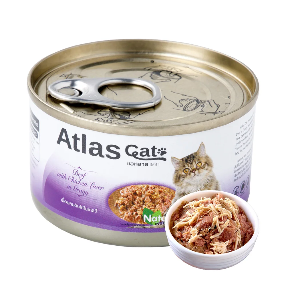 Тайский атлас, кошачья банка, говядина с курицей, печени на подливке-высококачественный кошачий влажный корм для котят, натуральный консервированный пищевой продукт