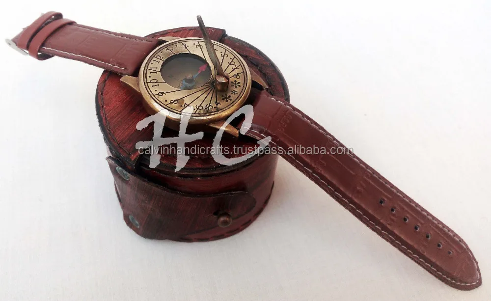 Calvin Handicraft Antique Nautical Sundial Compass Solid Brass Wrist Watch with Leather Case For Father Mother Brother CHCOM001
