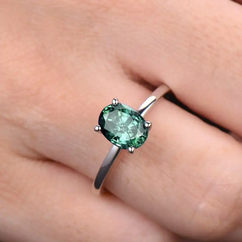 Alexandrite Ring Plain Gold Band 6x8mm Oval Color Changing Gemstone Engagement White Plated Sterling Silver Jewelry