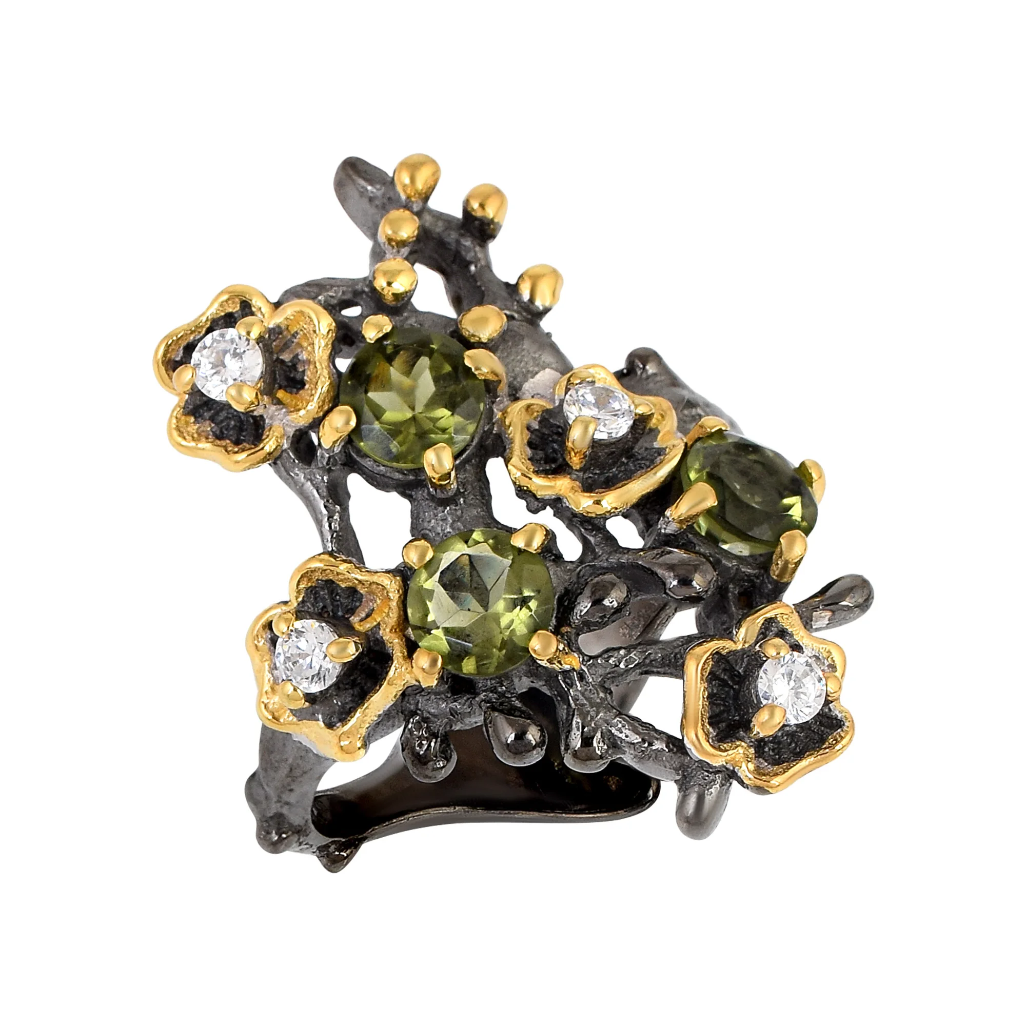 925 Sterling Silver Black Rhodium Gold Plated Tree Branch Moldavite Gemstone Cocktail Ring Cubic Zirconia Stone Fine Jewelry