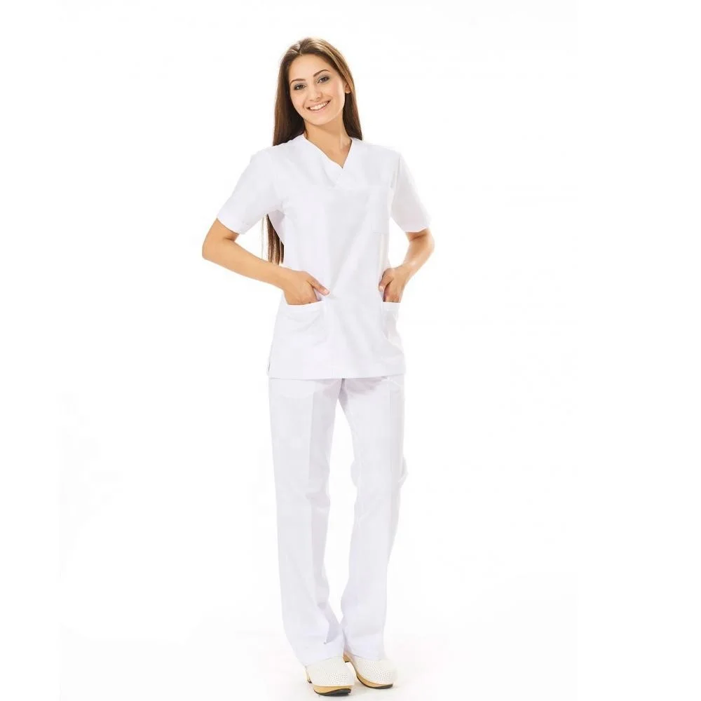 Plain White V Neck Eco-Friendly Poly Cotton Hospital Medical Wear Uniforms Sets for Nurses and Doctors Uniforms