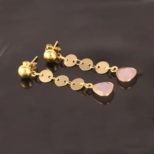 Bohemian vintage briolette cut pink quartz coin link dangle earring vermeil gold fashion statement handmade drop dangle earring