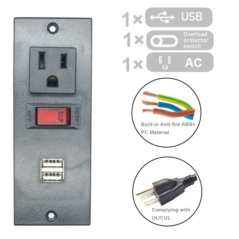 Hot sell Hotel wall mounted 2 USB power socket and 2 AC outlet socket with circuit breaker switch power strip