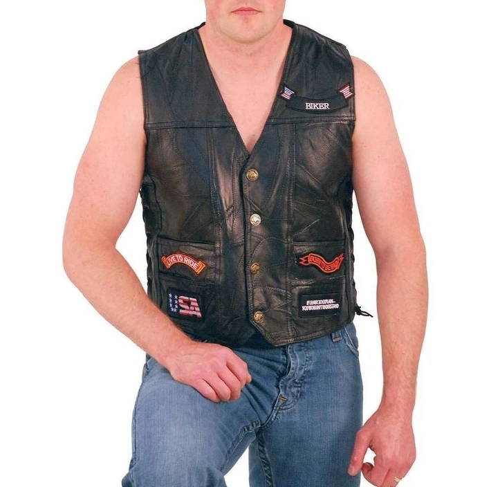 Patched Up Leather Biker Vest Motorcycle Motor Bike Men Vest with Patches