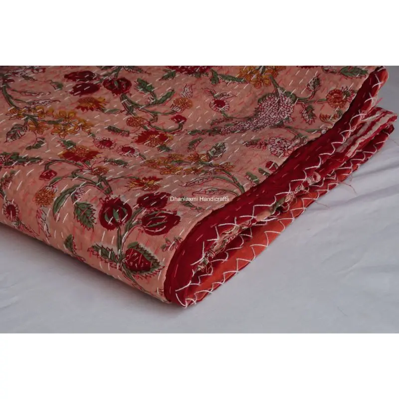 Индийское Персиковое цветочное покрывало ручной работы красивое домашнее декоративное оптом хлопковое Kantha с принтом