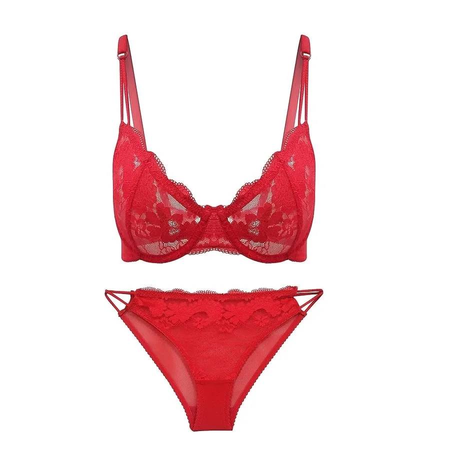 Red Color Hot Selling Women Lace Bra Brief Set Fashion Lace Transparent Push Up Bra Panty Set Women Underwear Set