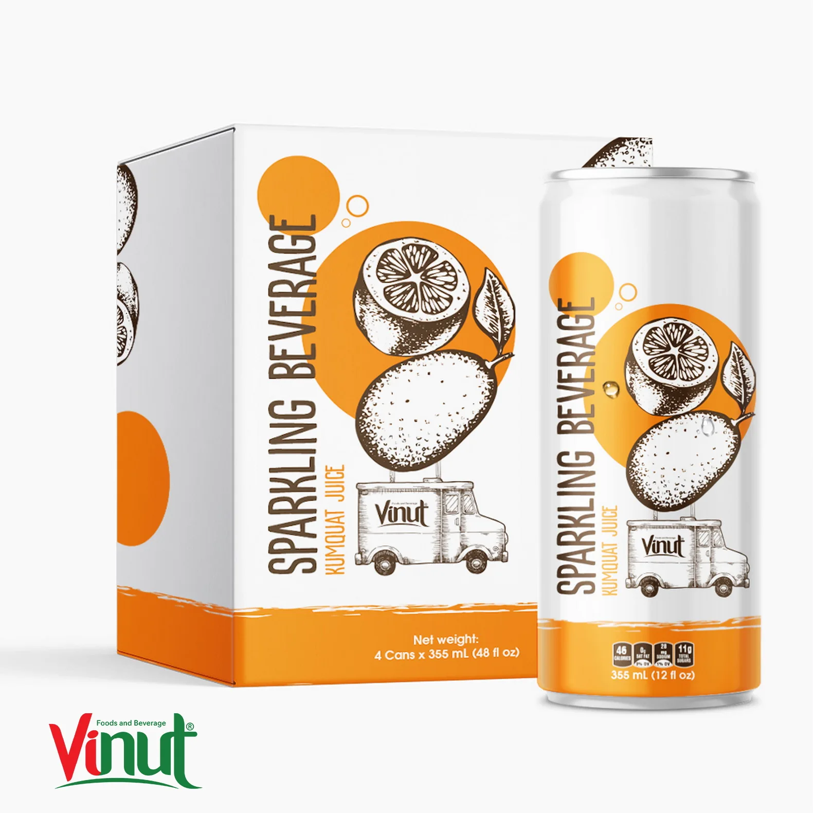 355ml Carbonated drinks VINUT Box 4 Cans Kumquat Juice Suppliers Sugar free tropical free sample in Vietnam GMP Certified