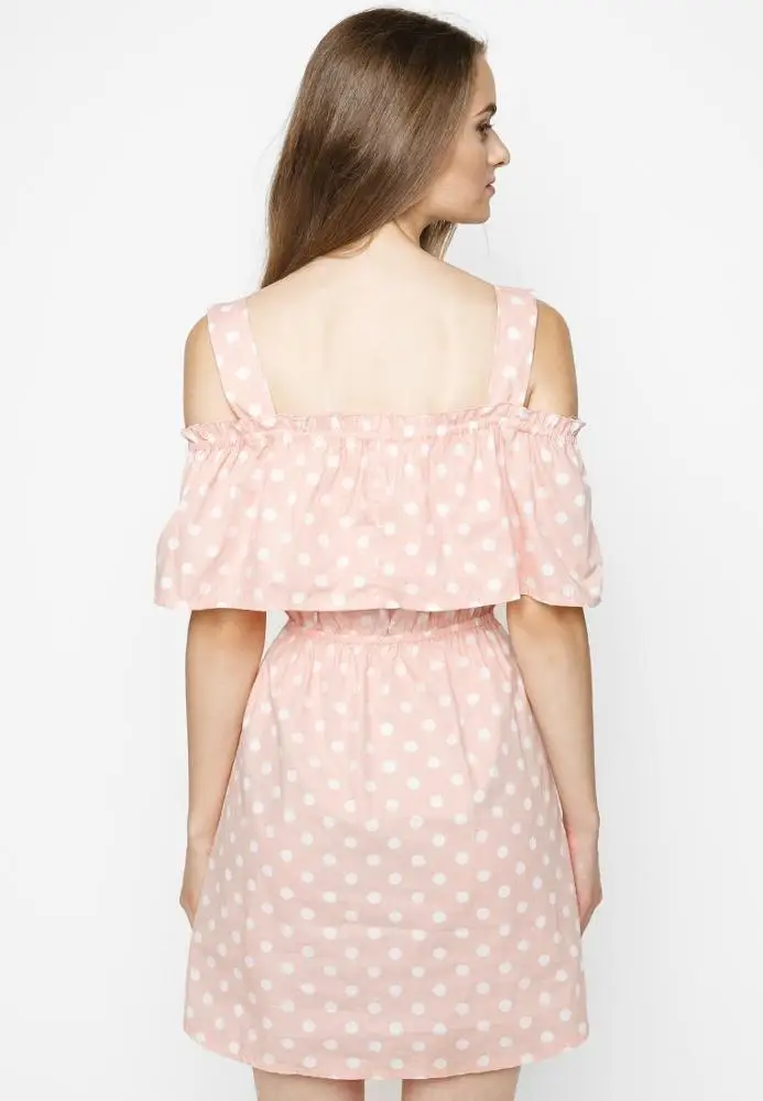 OEM/ODM manufacturer The fashionable women U-neck short sleeve slip off shoulder design dot print dress made in Vietnam