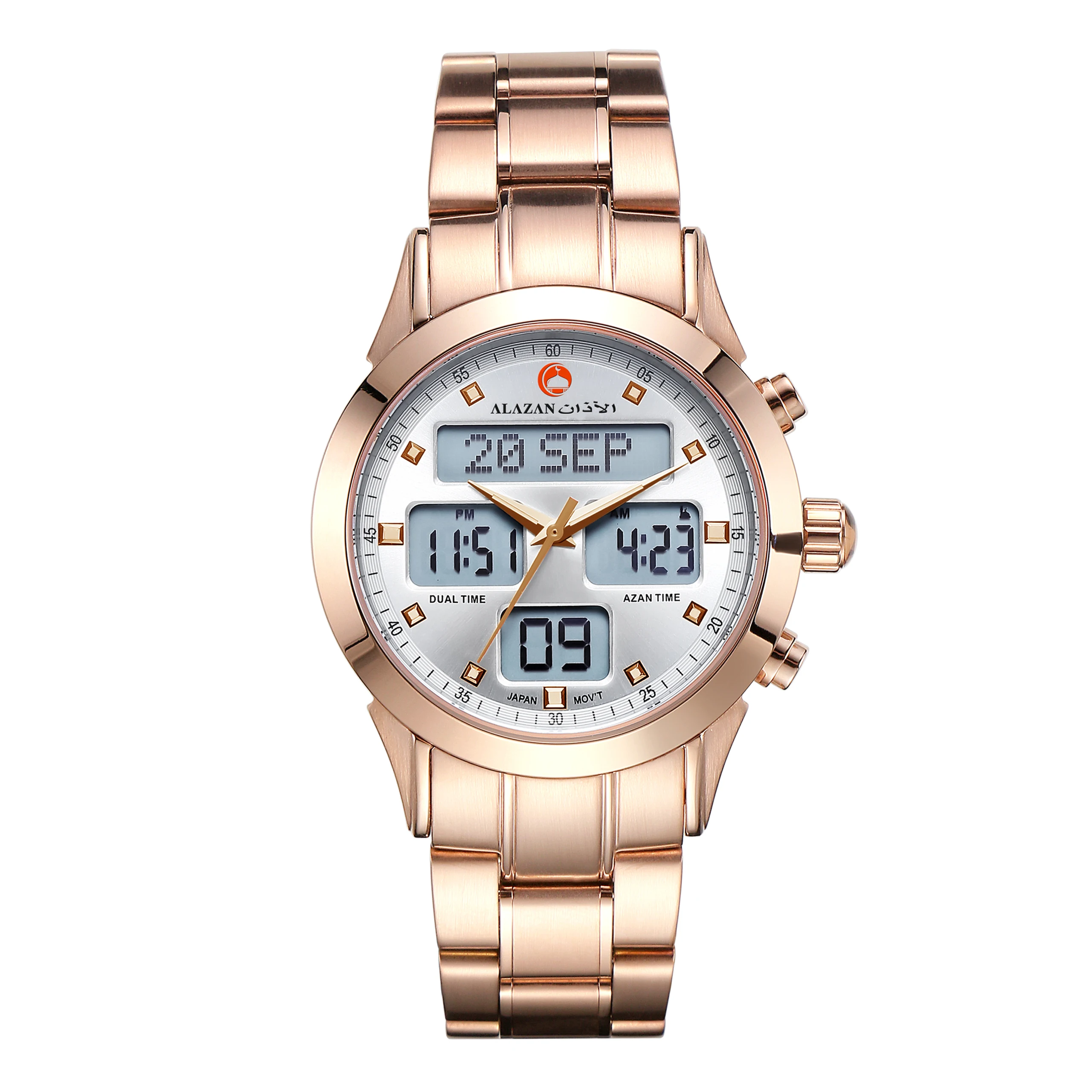 alazan Islamic muslim azan time alfajr Stainless steel prayer qibla compass function waterproof clock summon wrist watches