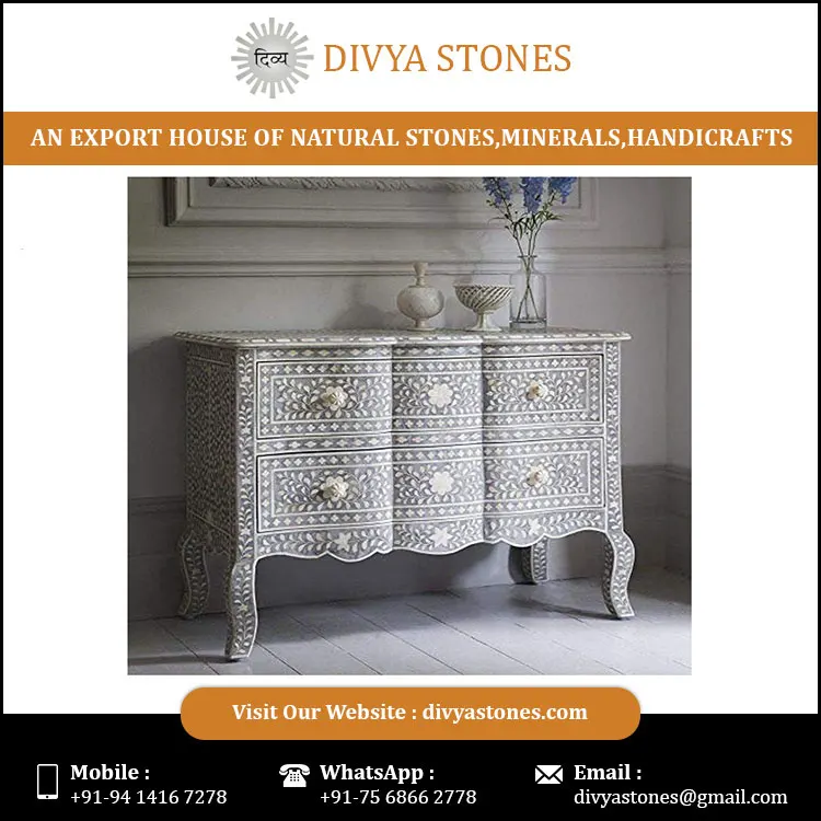 
Indian Handmade Modern Mother of Pearl Inlay Chest of Drawers for Living Room Table Furniture 