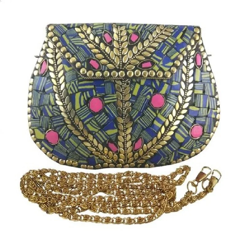 ETHNIC VINTAGE INDIAN MOSAIC METAL CLUTCH  PURSE AT LOW PRICE BY ART ASSEMBLY