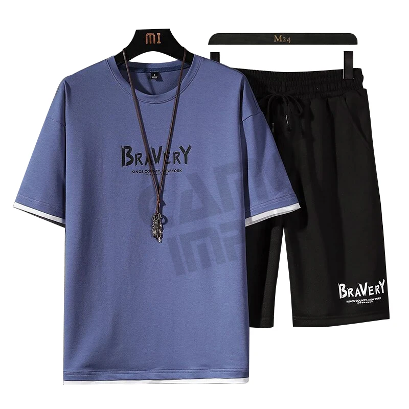 Fashion Mens Sets Short Sleeve T-shirt + Shorts 2 Pieces Suit Male Summer Sportswear Casual Sweatsuit Track Shorts Men Clothing