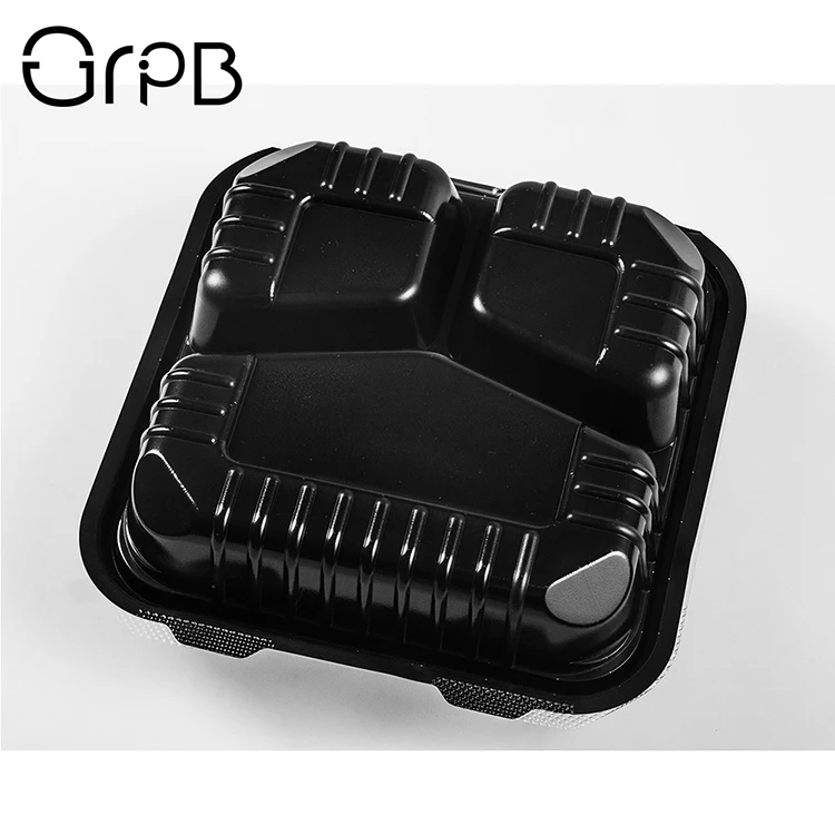 Disposable take out microwave PP food 3 compartments dual color hinged container