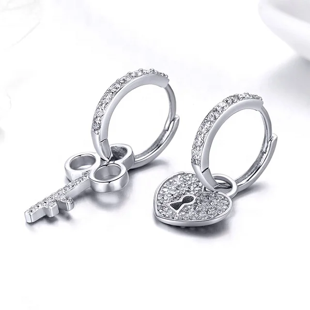 Fashion 925 sterling silver keys and locks cubic zirconia dangle handmade drop earrings hoop