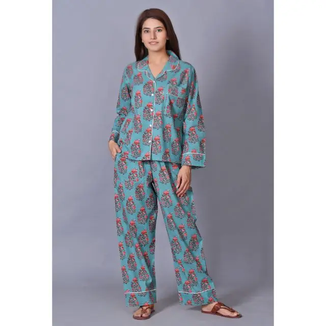 Indian 100% Cotton Long Sleeve Hand Block Printed Woman Night Dress Pajama & Robe Set