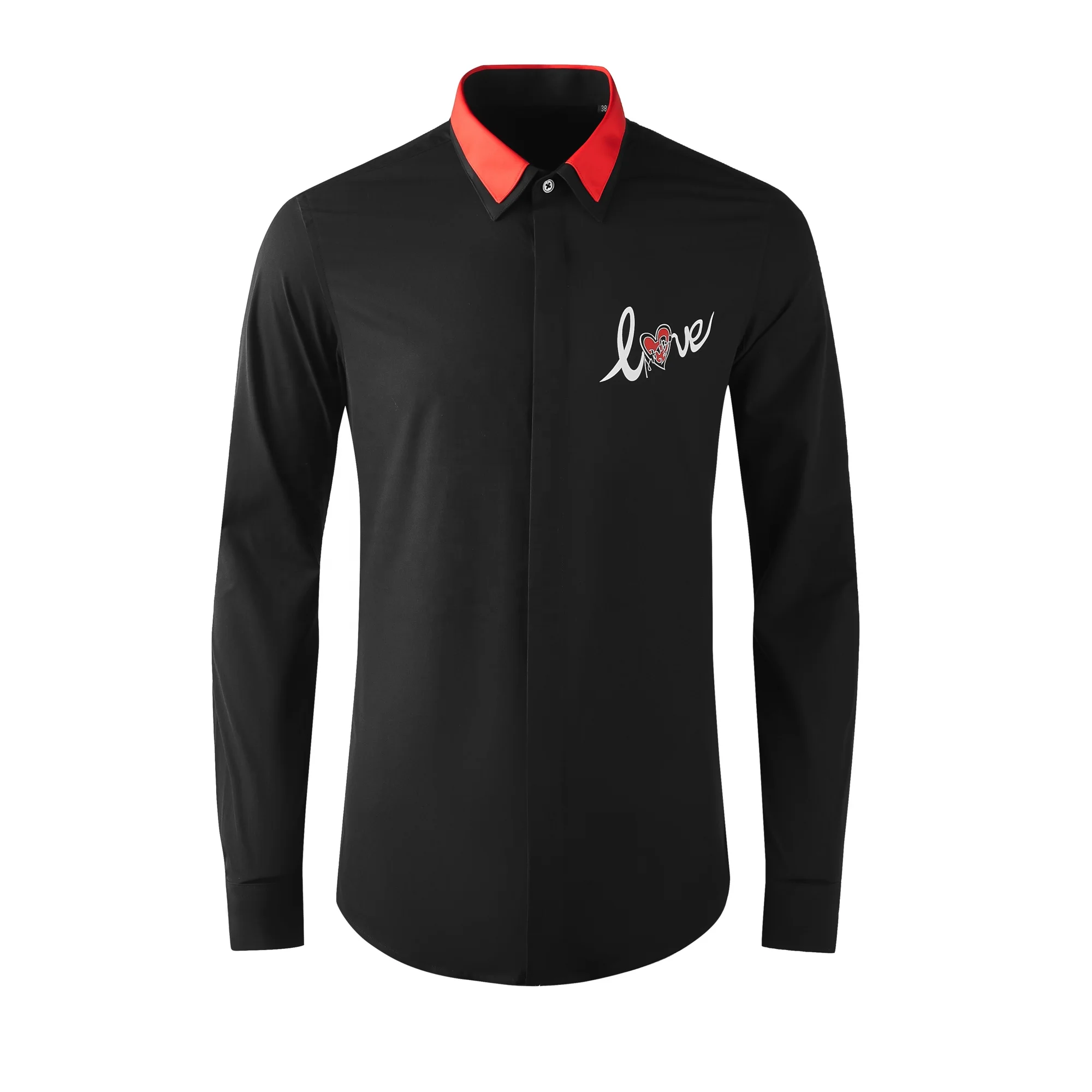 
Clothing Double Collar Red Hit Color Love Long-Sleeved Avant-Garde Slim Men Shirt 