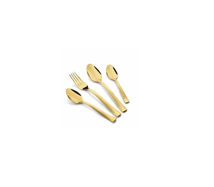 Gold Plated Cutlery Set of 5 New Hammered Design Metal Flatware Set For Wedding Used New Metal Cutlery Spoon An Fork