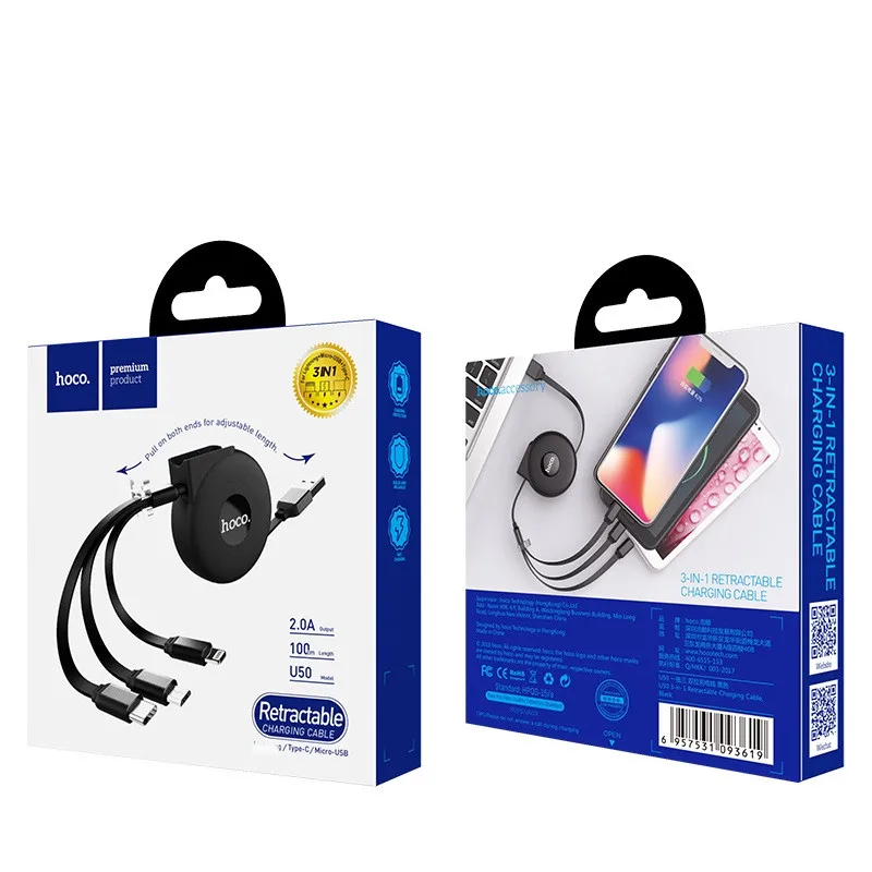 
HOCO U50 3-in-1 retractable charging cable 1m for iphone Type c Micro USB TPE ABS portable foldable 
