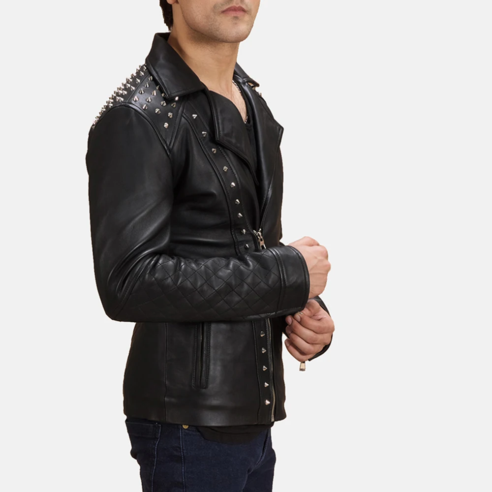 New Fashion Design With  Studded Men Real Black Leather Jacket