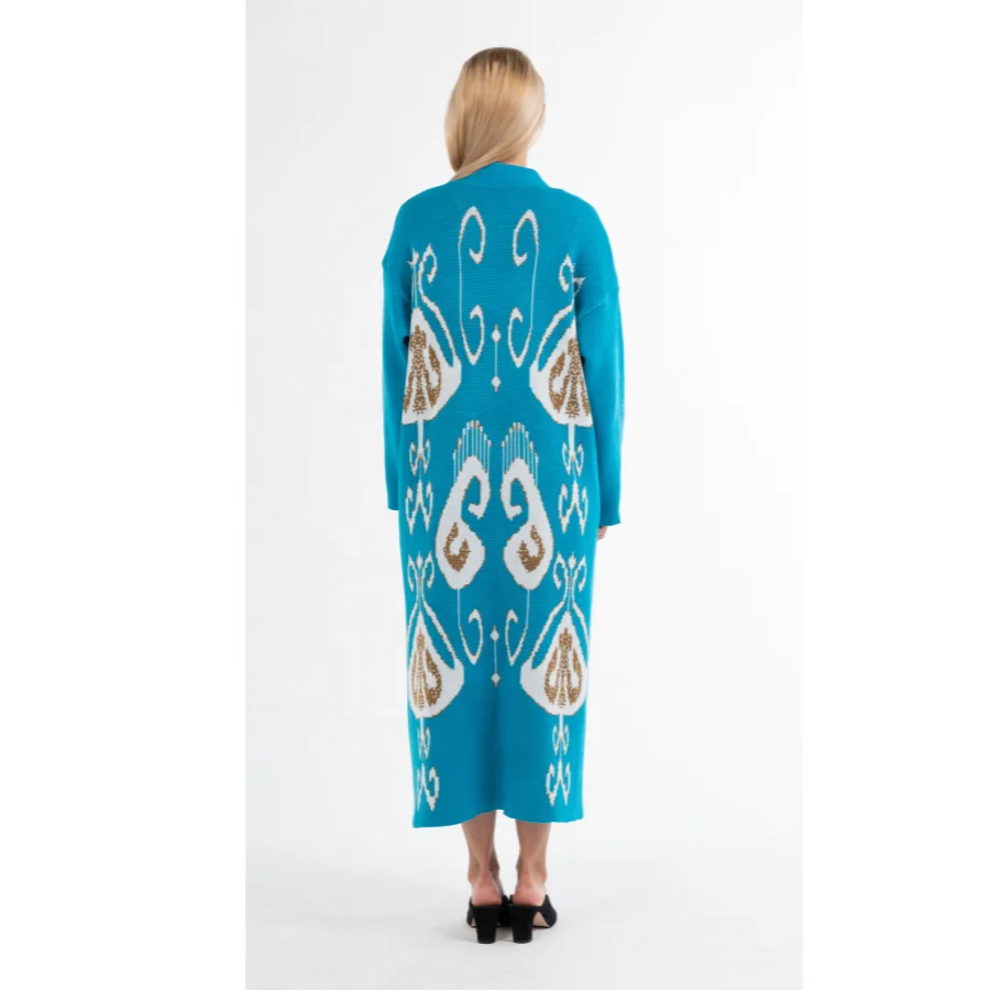 Модный женский длинный вязаный синий кардиган «икат» с принтом осень 2021