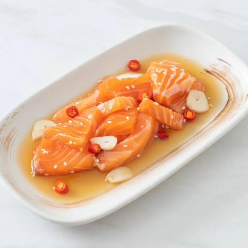 Frozen Soy Sauce Marinated Salmon Sashimi Korean style Salmon Fish Slice with Soy Sauce Ready to eat Product