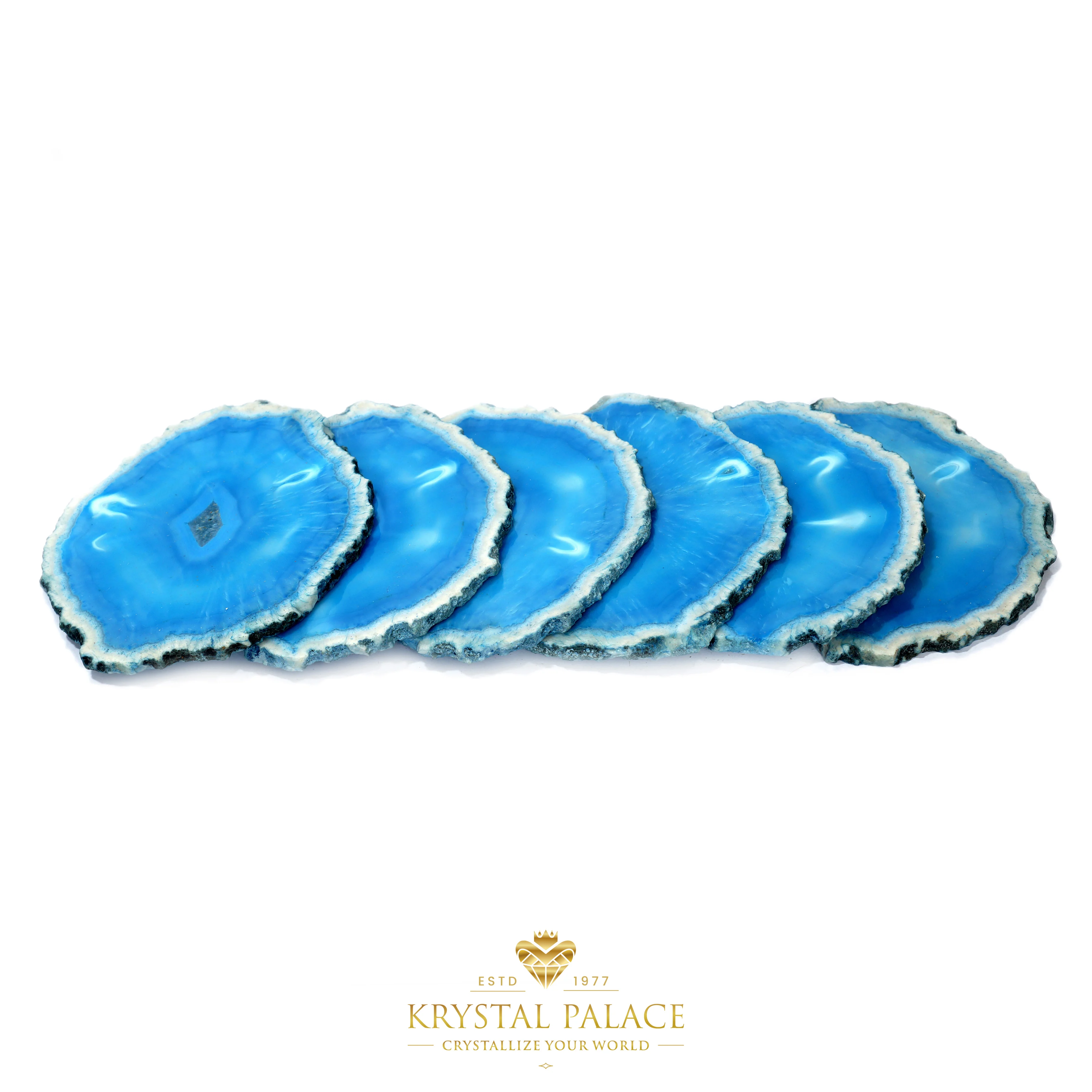 
SEA BLUE AGATE CRYSTAL TEA COASTER | SLICES WITH SILVER & GOLD PLATED SIDES BY KRYSTALPALACE 