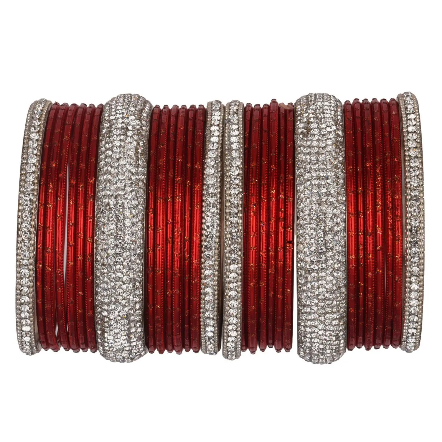 Indian Bangle Set CZ Crystal Glossy Plain Metal Bangle Bracelet Bridal Jewelry Wholesale, Red
