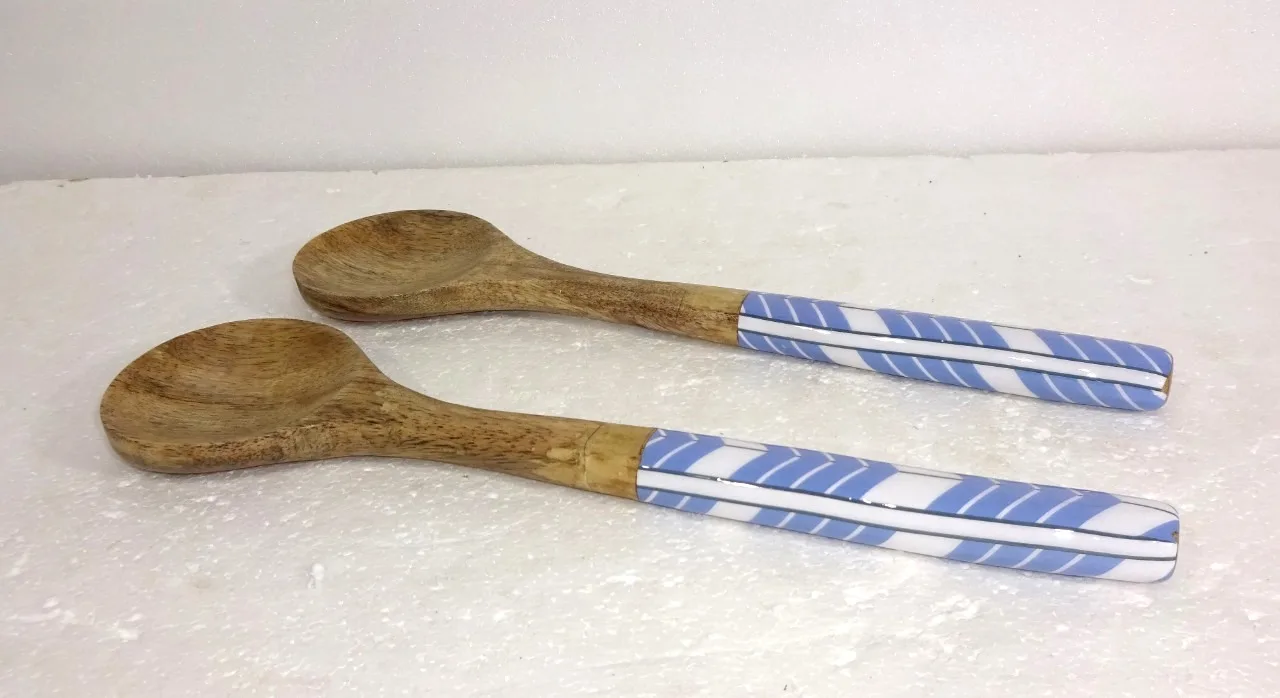 Wooden and Resin Salad Server S/2 Handmade Wooden Fruit Dessert Spoon and Fork Salad Serving Set