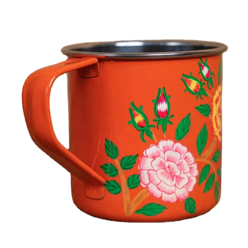 Latest design hand painted tea mugs Floral Hand painted Stainless Steel Enamel Mugs and cups from Kashmir, India