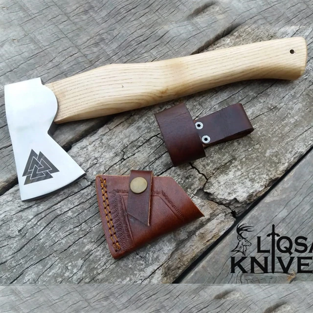
Outdoor Tools Tactical Survival Viking Axe Damascus Steel Head Leather Sheath Camping Finish Hatchet Wood Handle 