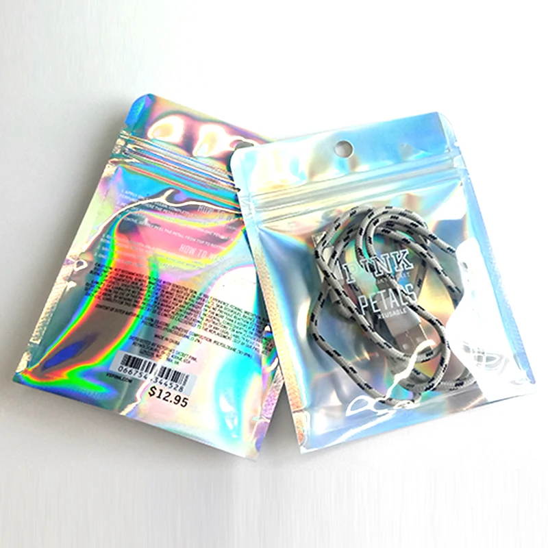 Упаковка для ювелирных изделий на заказ с логотипом, сумка для висячих сережек, пакет из полиэстера, голографический прозрачный стоячий мешок с передним дисплеем