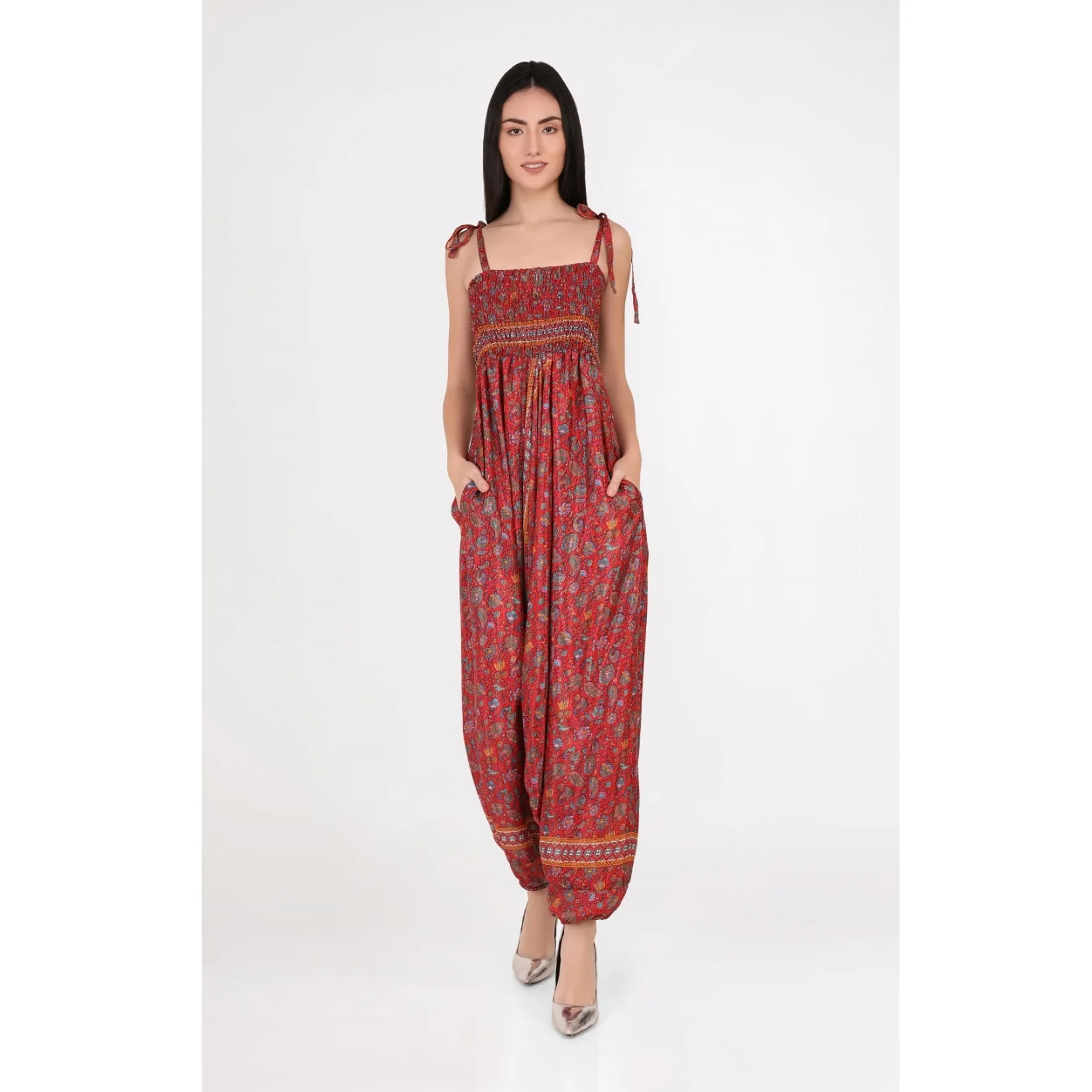 Traditional Look Red Color Jumpsuit With Pocket Trendy Summer Wear Loose One Piece Jumpsuit / Bodysuit