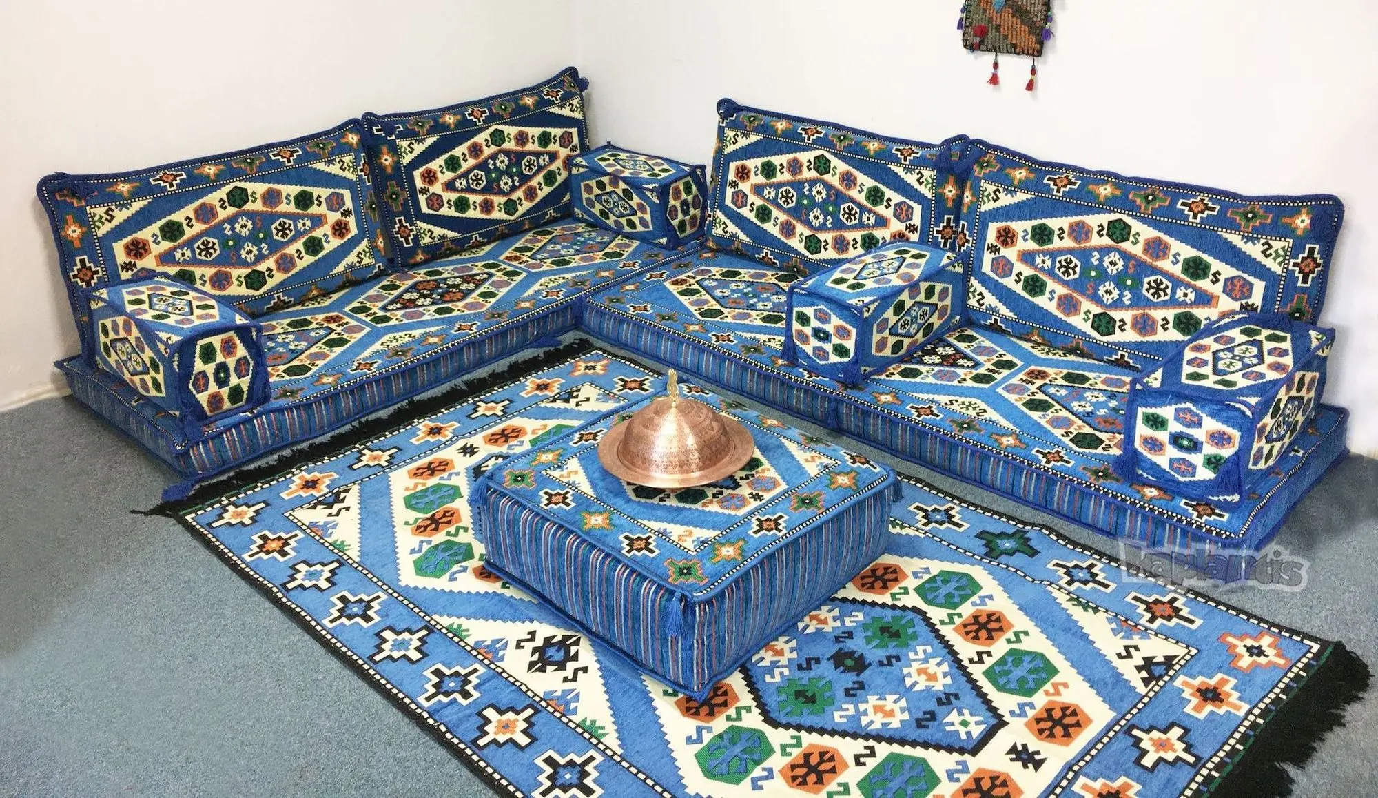 Hookah Bar Nargile Arabic Seating Floor Cushion Set Blue with 22 Density Foam Fillings