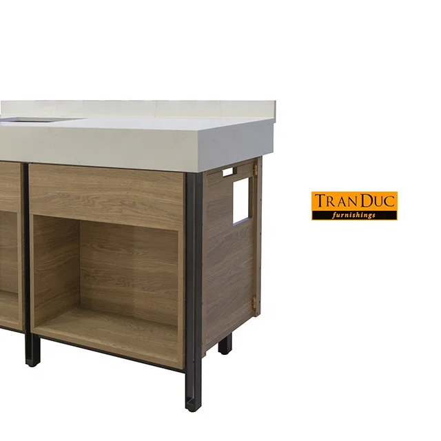 
Wooden hotel bathroom vanity with marble surface in white - hotel furniture 5 star 