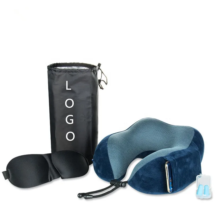 U Shape Supportive Memory Foam Neck Pillow Travel Kit Airplane Pillow with Phone Bag