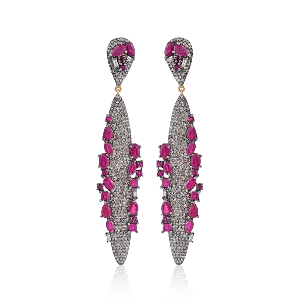 Ruby Gemstone Natural Pave Diamond 14k Gold, 925 Silver Pave Diamond Designer Marquise Dangle Earrings Jewelry Wholesale