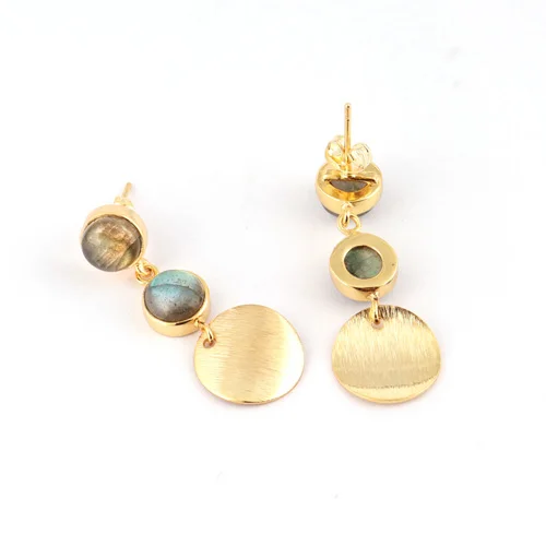 Fiery round shape labradorite gemstone drop dangle earrings brass handmade dis brushed designer earrings
