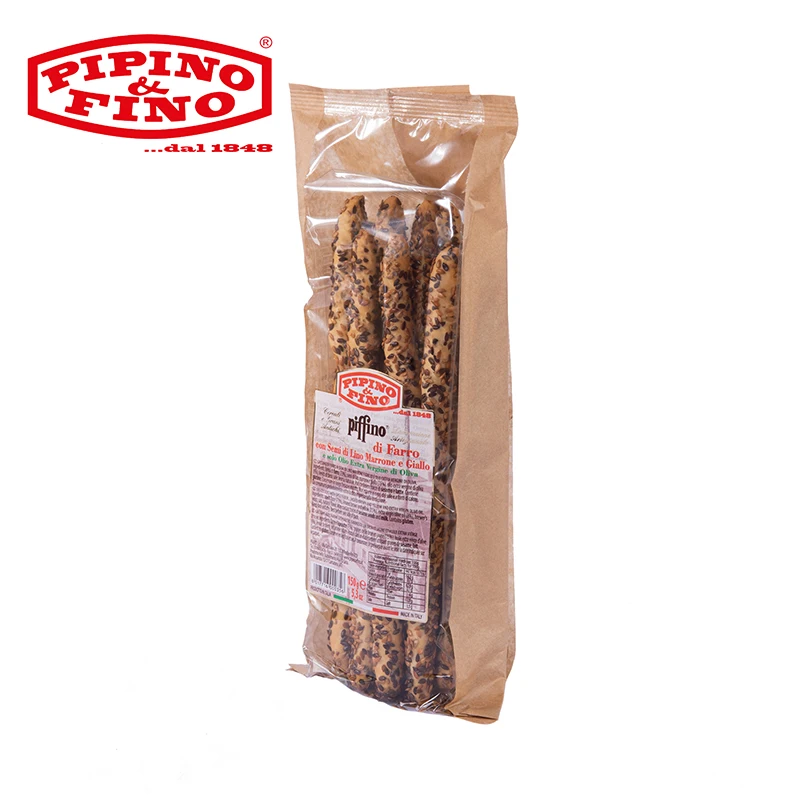 Top Quality artisan spelled breadsticks Piffino with brown and yellow linseed seed and extra virgin olive oil 150g For Export