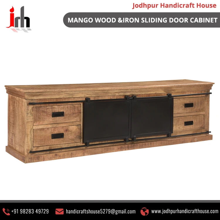  Новый дизайн деревянный металлический шкаф из манго с двумя раздвижными дверцами и 4 ящиками