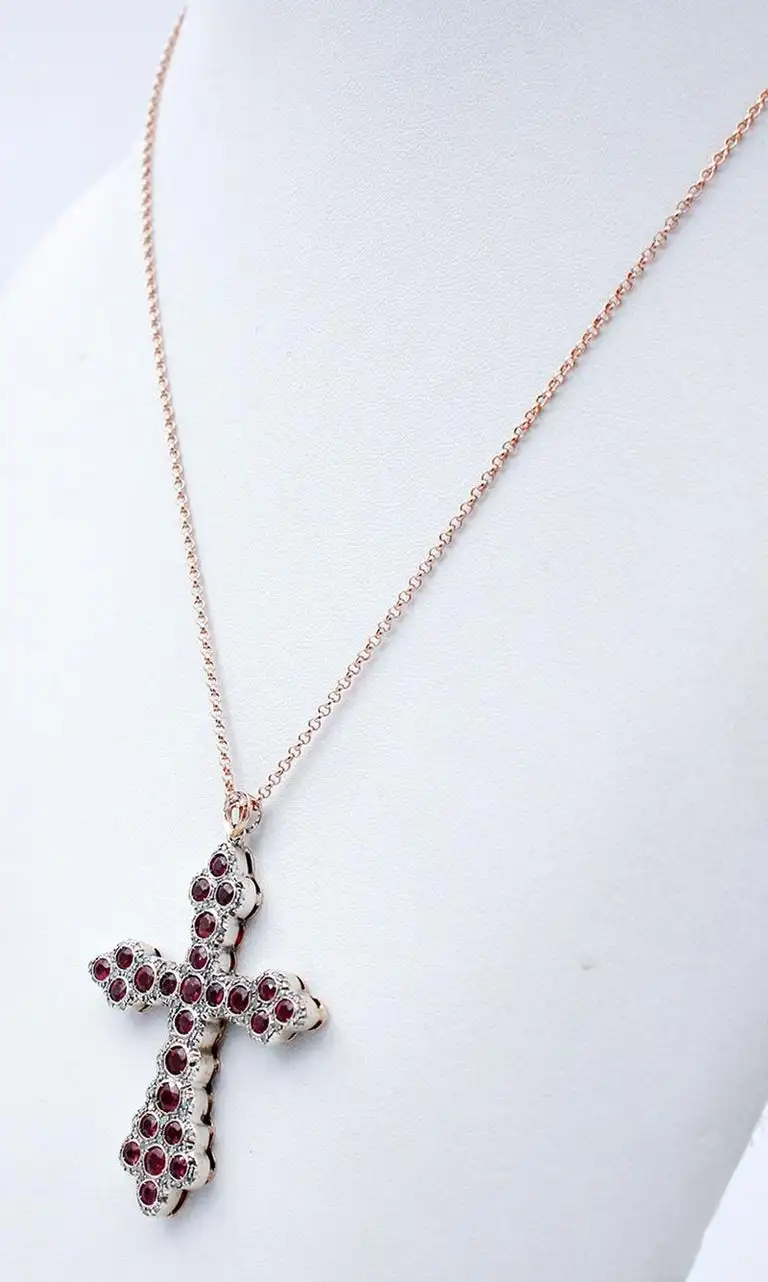 
Diamonds, Rubies, 9 Karat Rose Gold and Silver Pendant Necklace 