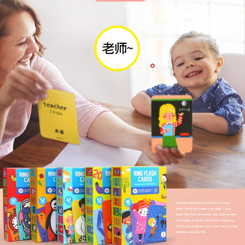 Ring Custom Printed Educational Alphabet ABC Sight Words Learning Kids Flash Cards Playing Cards Printing