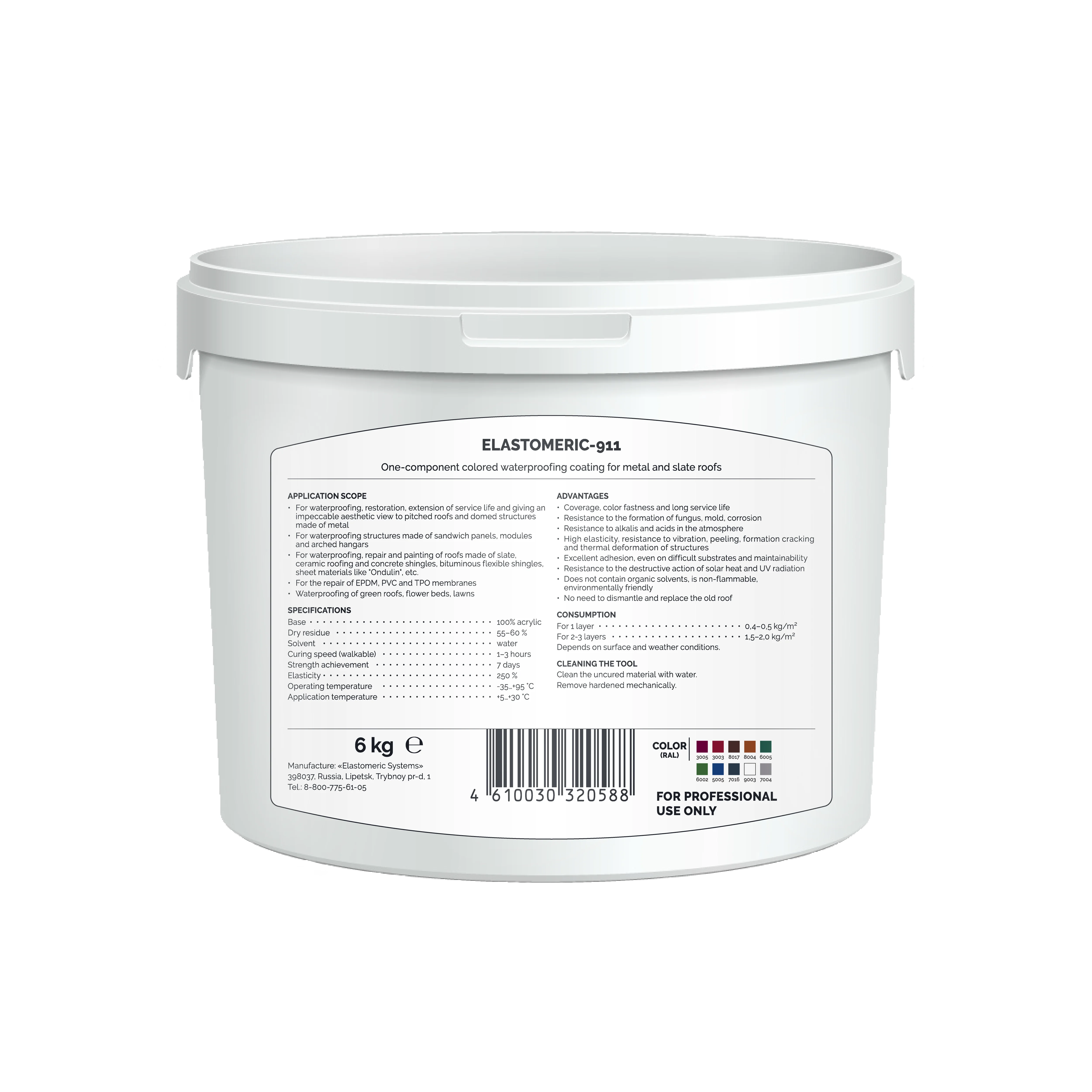 Elastomeric 911 ( 6 kg ) waterproofing of metal roofs with full painting RAL 8004
