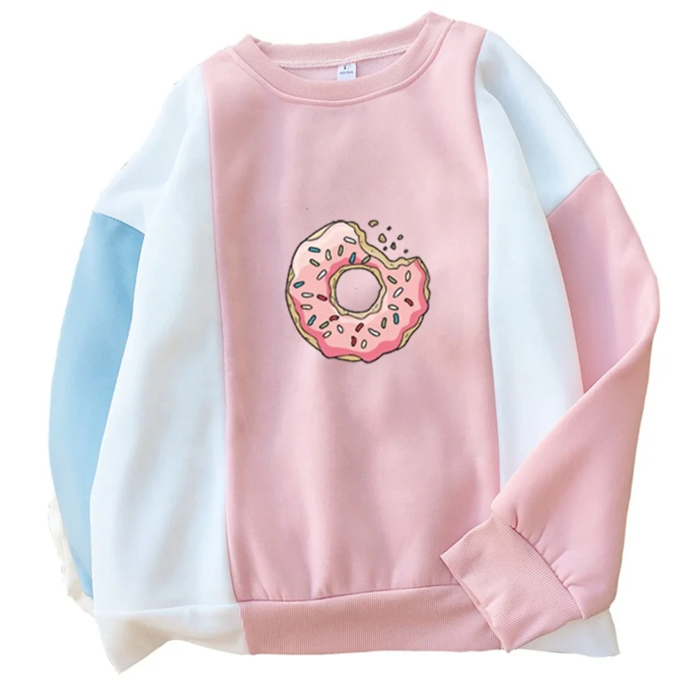 Women Sweatshirt Harajuku Kawaii Donuts Printing Cute Hoodies Patchwork Pastel Contrast Color O-neck Winter Autumn Clothing Top