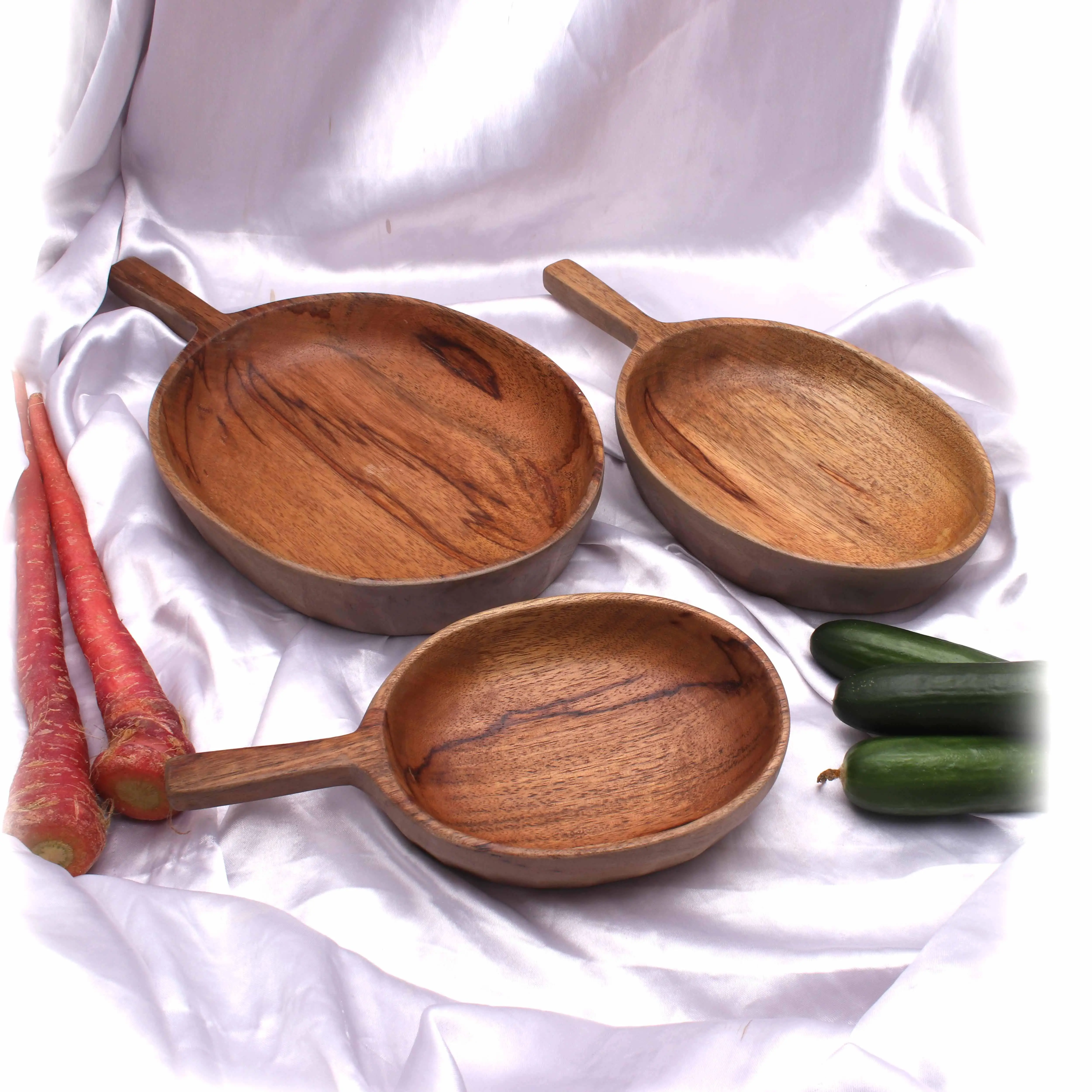 Natural Mango Wood Serving Pans With Handle Set of 3 Pcs Versatile Usage Great For Pasta Serving Wooden Round Shape Large Pans