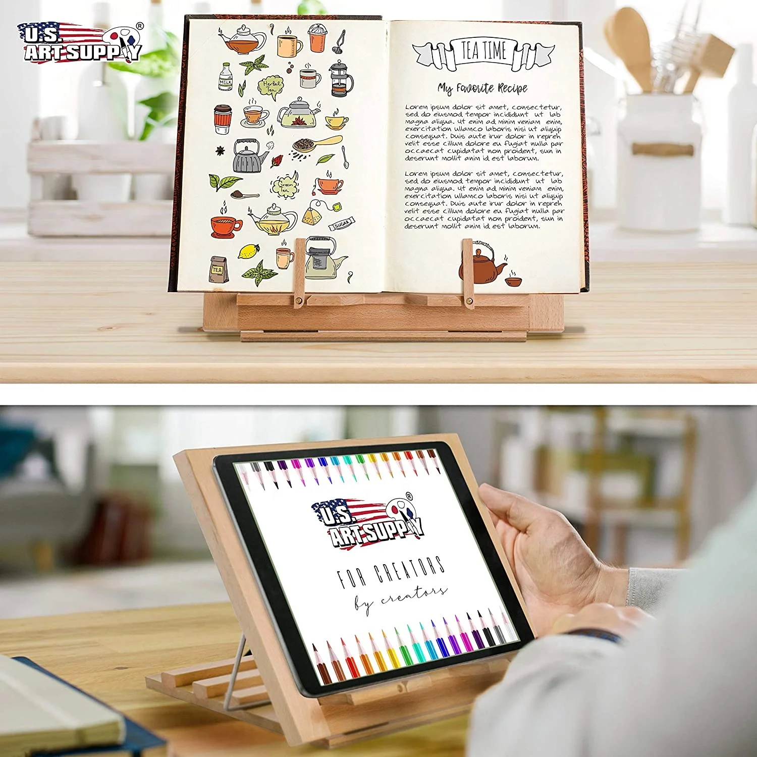 Large Wooden Table Easel, Cookbook Stand, Text Book Tablet Rest, Premium Beechwood - Adjustable Incline, 2 Flip-Up Page Holders