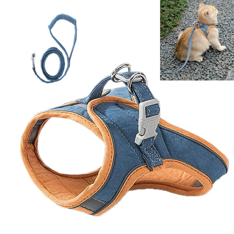 Adjustable Escape Proof Breathable Soft Suede Reflective Pet Lead Kitten Vest Cat Leash and Harness Set for Walking