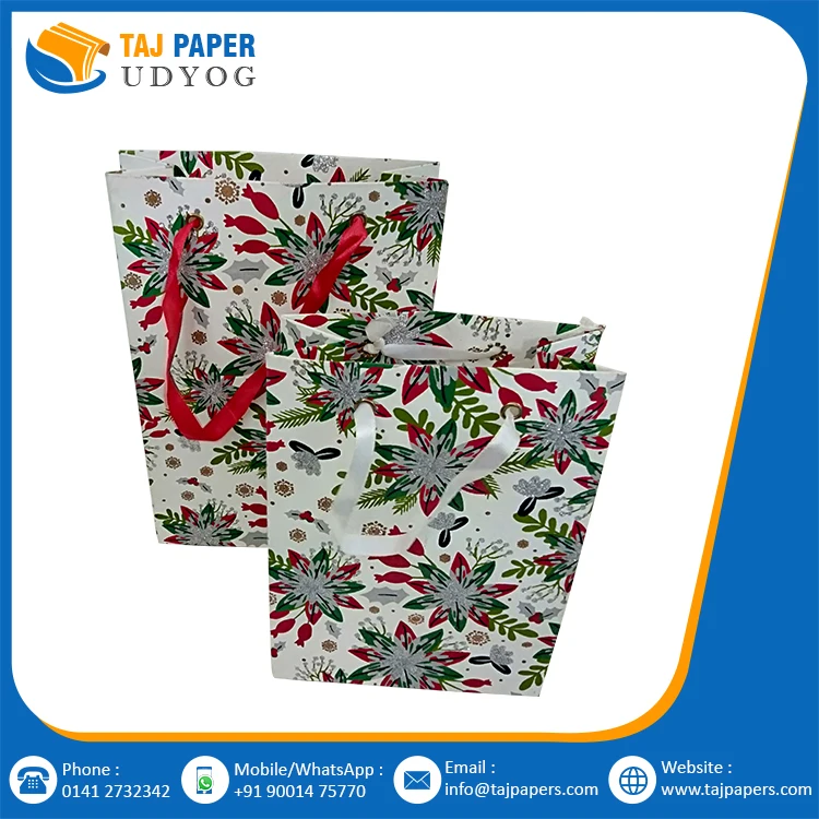 Customized Printed Ribbon Handle Paper Bags White Green Design Gift Use Eco Friendly Handmade Decorative Flower Paper Bag Gift