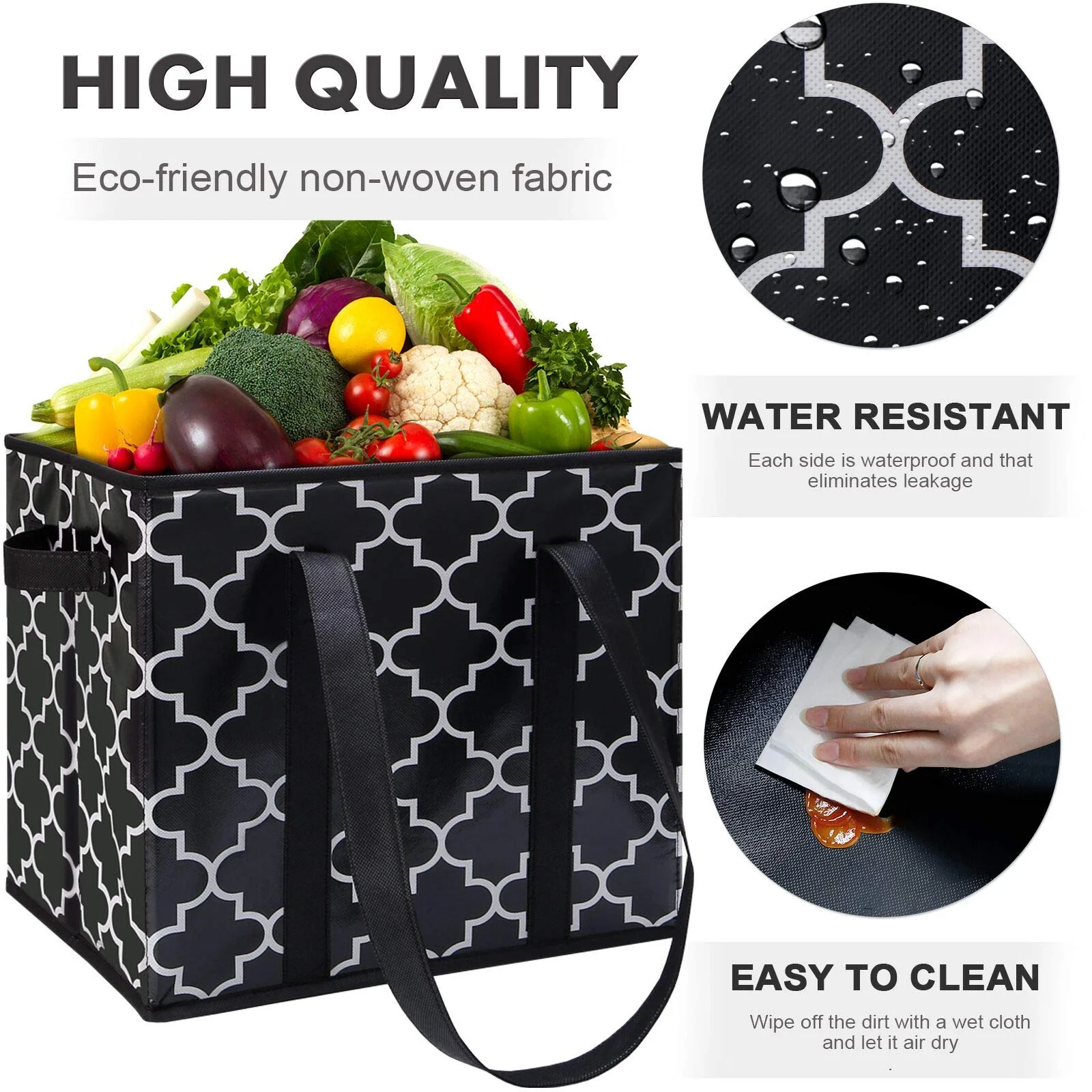 New Waterproof  Grocery Bags Foldable Washable Large Storage Bins Basket Water Resistant Shopping Tote Bag
