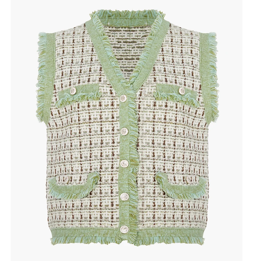 
Multiple Colors Knitted Tweet Vest with Faux Pockets and Fringe Trim 